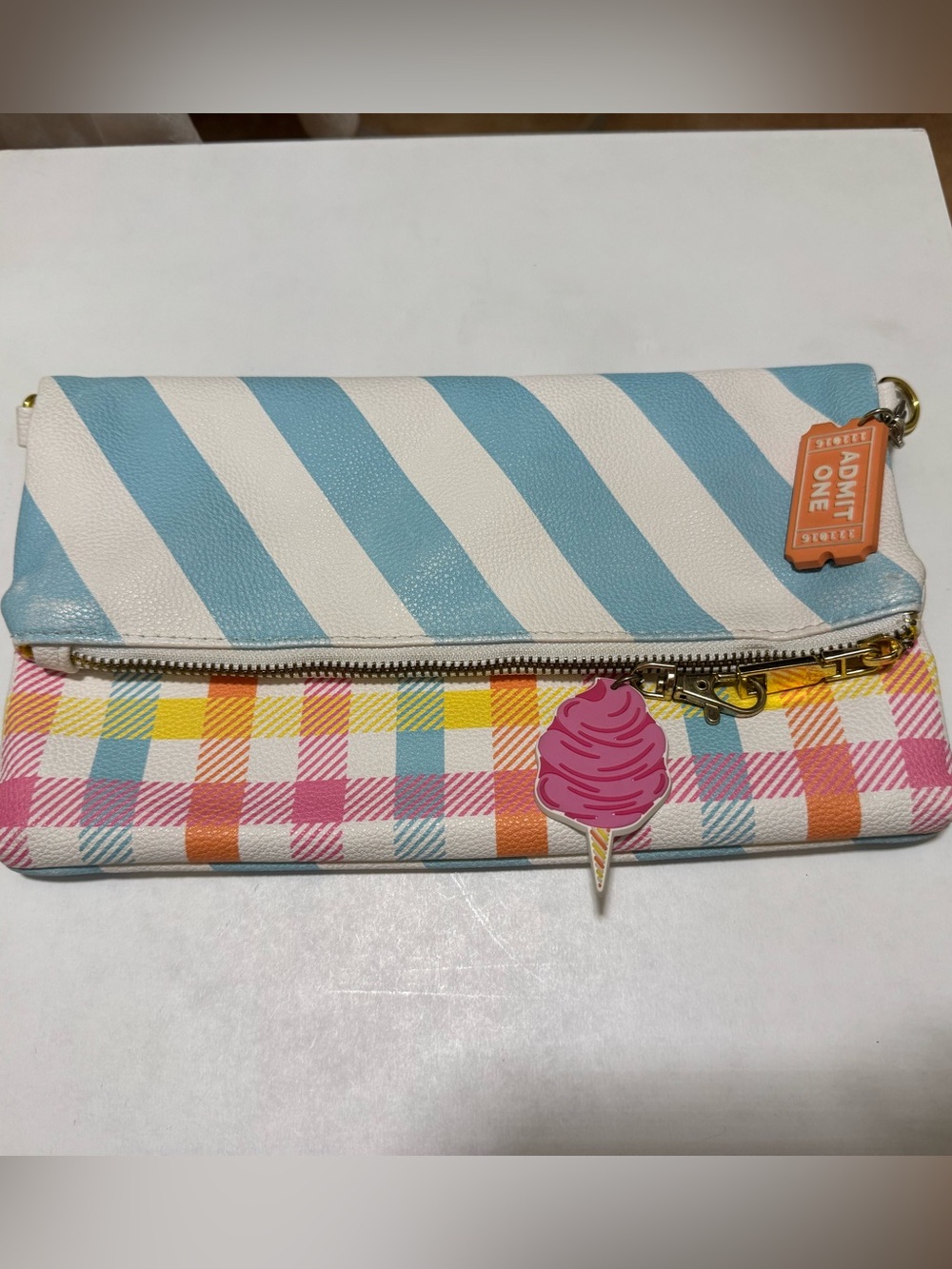 “CAN’T CLUTCH THIS” Striped & Plaid Foldover Wallet Clutch in Multicolor